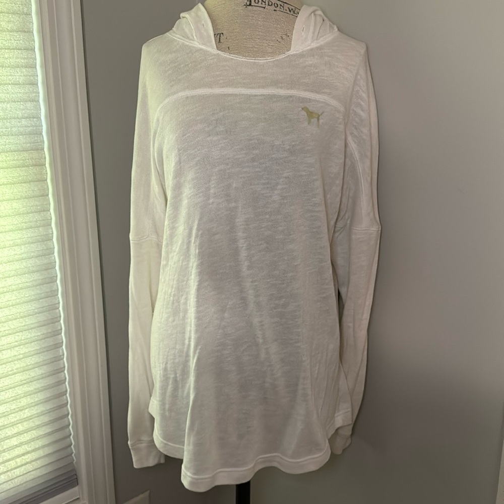 PINK Hoodie White Knit Open Back Gold Graphics